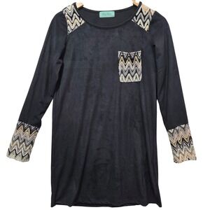 Filly Flair Womens Faux Suede Chevron Crochet Tunic Top Black AD40899 Small